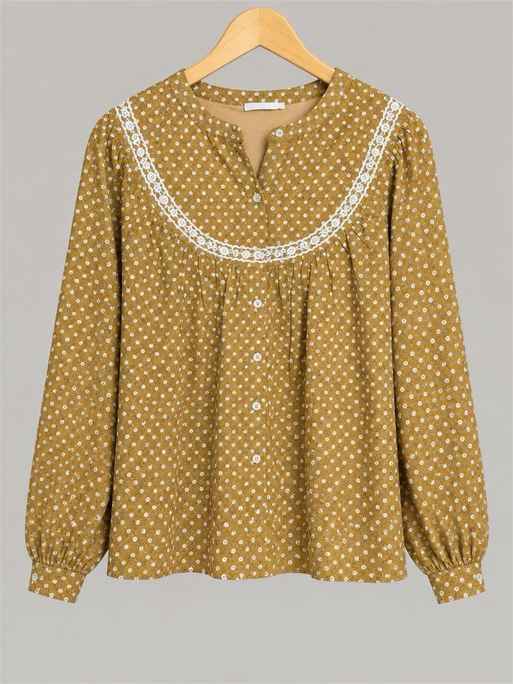 In Bloom Mustard Brown Button-Front Lace-Yoke Peasant Top - S